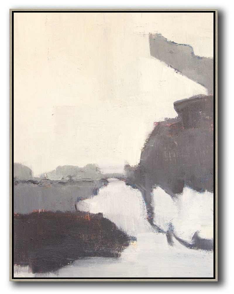 Extra Large Wall Art,Vertical Palette Knife Contemporary Art,Giant Canvas Wall Art,Light Yellow,Grey,Black,White.etc